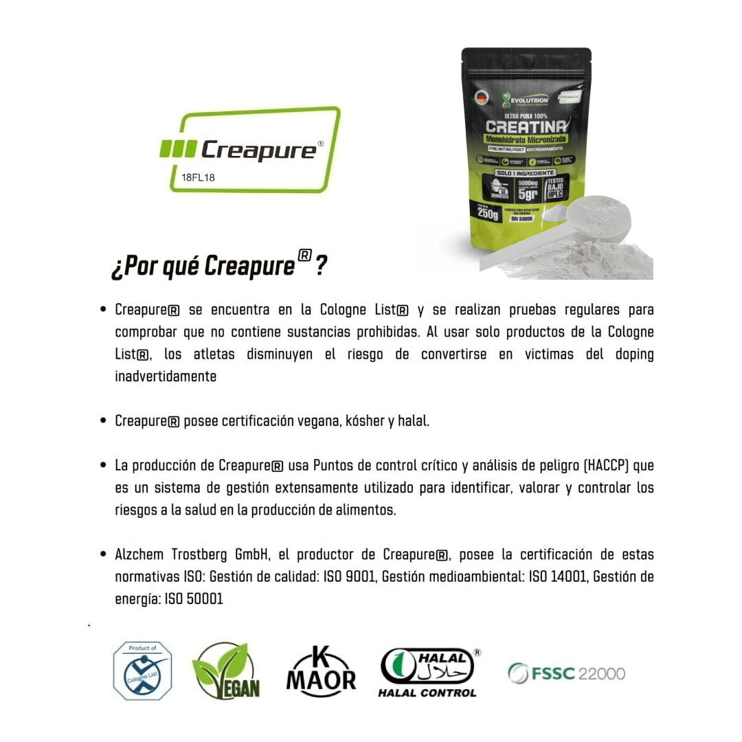 Creatina Monohidrato Creapure® Evolutrion de 250g – Pureza Superior para Atletas – Envío Gratis