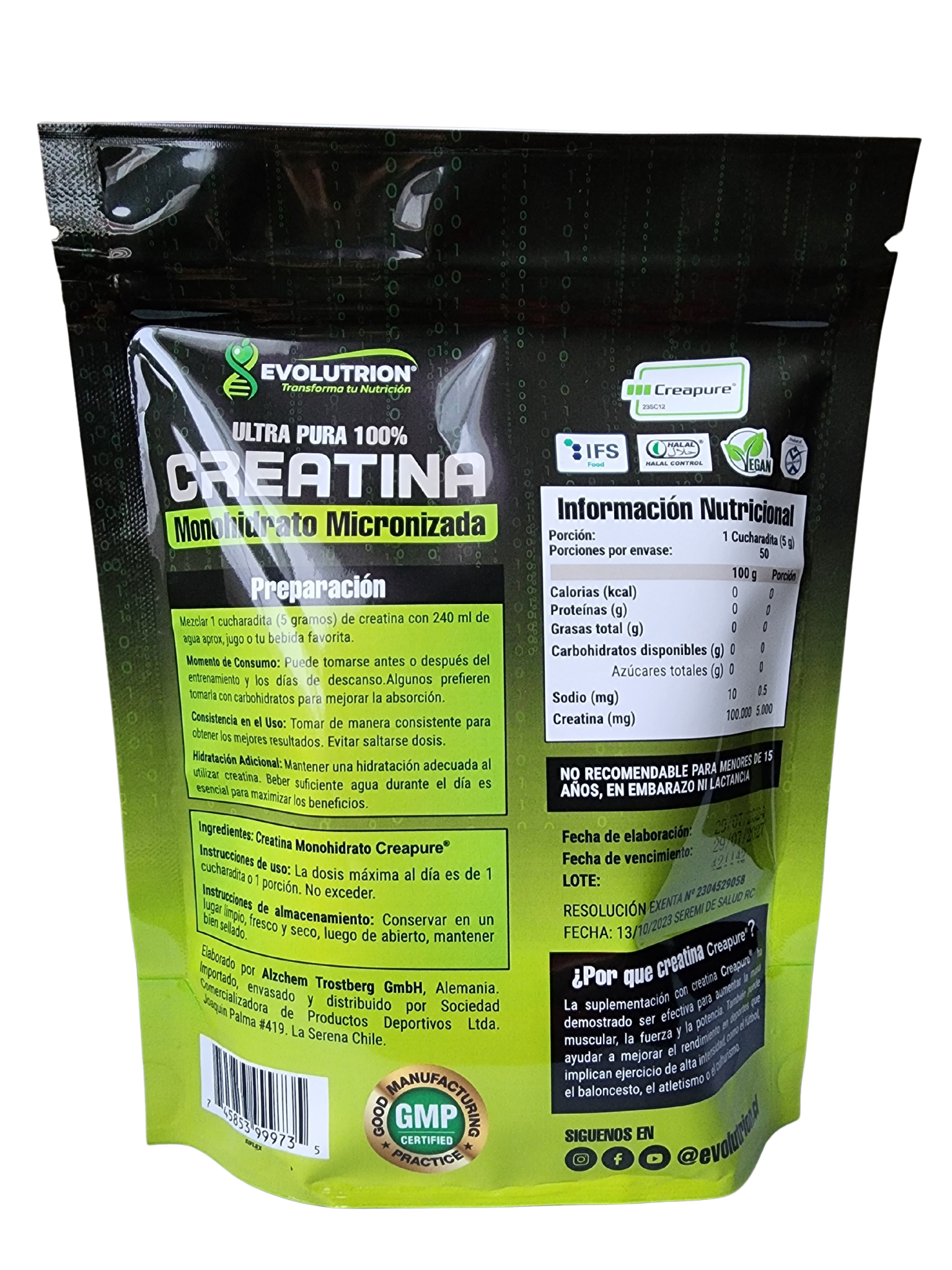 Creatina Monohidrato Creapure® Evolutrion de 250g – Pureza Superior para Atletas – Envío Gratis