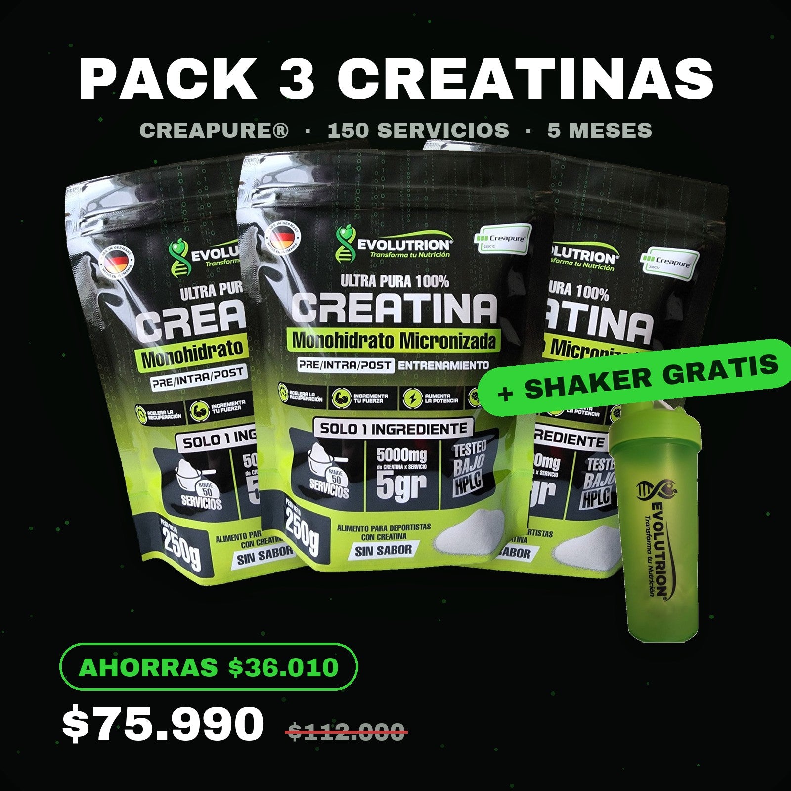 Pack 3 Creatinas Creapure 250g + Shaker 700ml GRATIS Evolutrion - ahorra $36.010