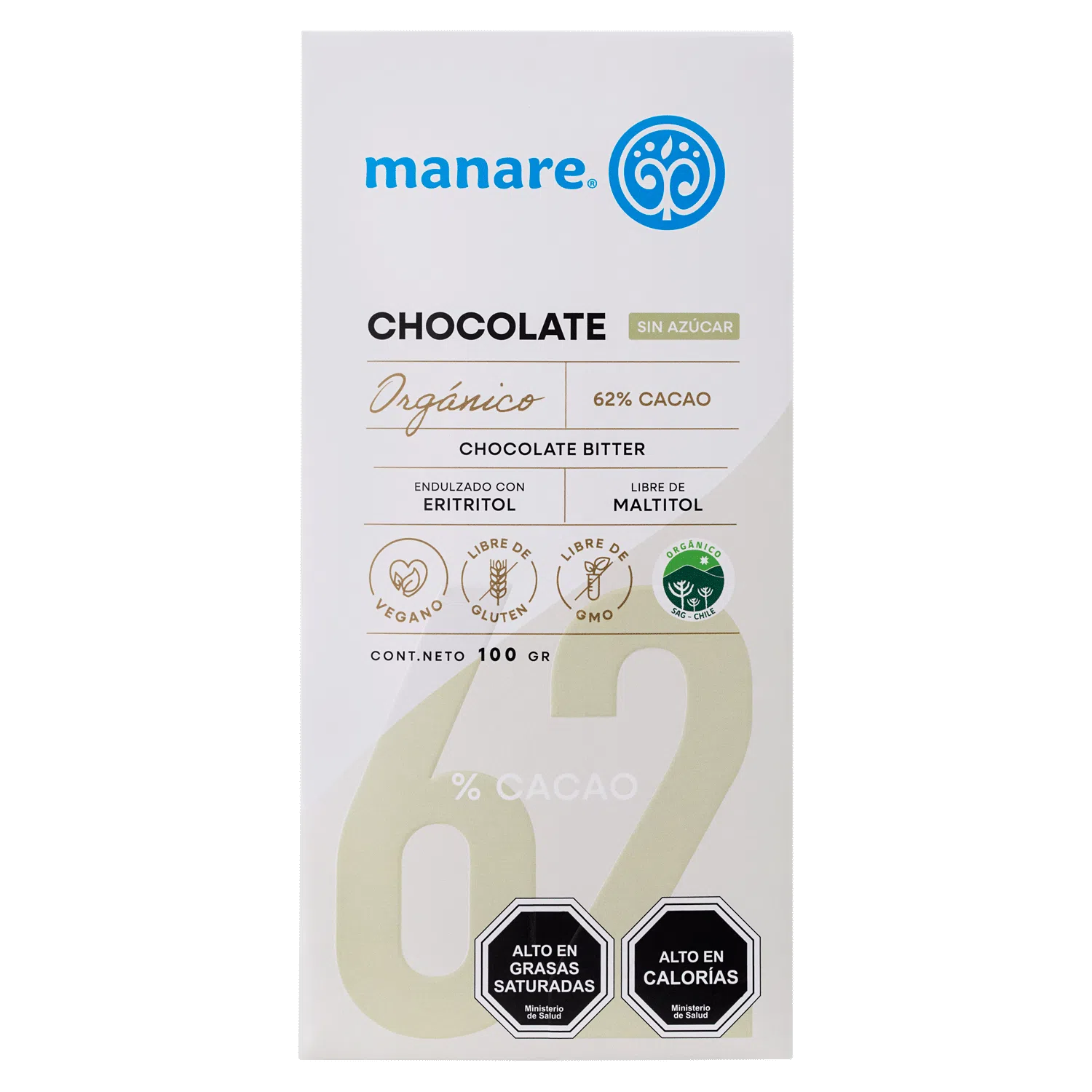 Chocolate Sin Azúcar 62% Cacao Orgánico 100g Eritritol