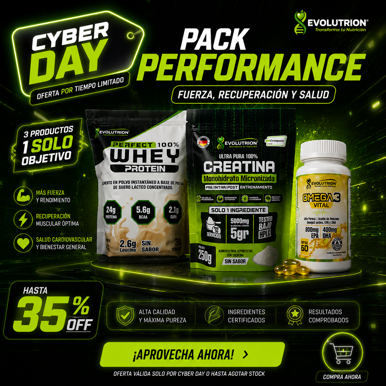 PRECIO CYBER! Pack 1 Creatina Creapure + 1 Proteína 1kg + 1 Omega3