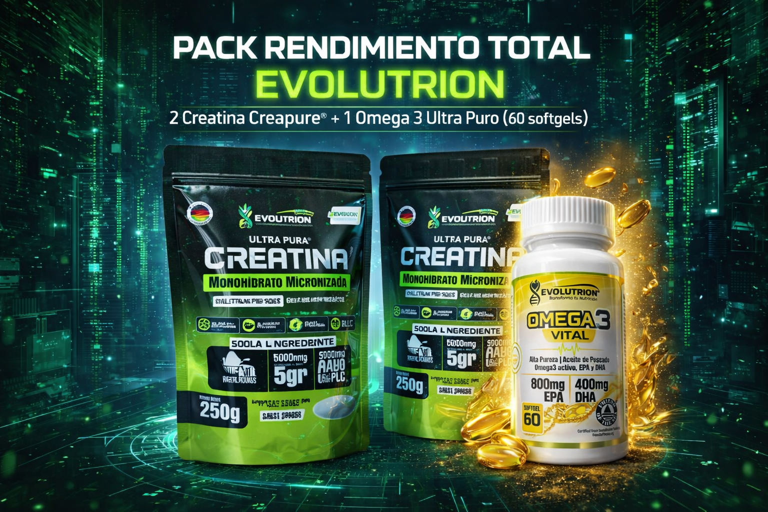 2 Creatina Creapure + 1 Omega 3 Ultra puro 60 Softgel