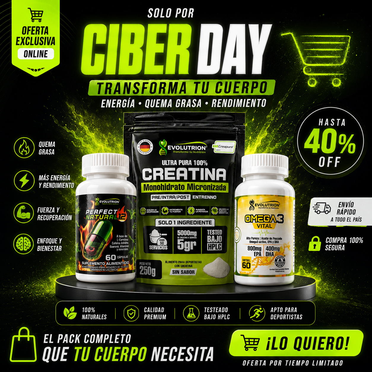 PRECIO CYBER! Pack Creatina Creapure® + Omega 3 Vital + Termogénico — Stack Completo
