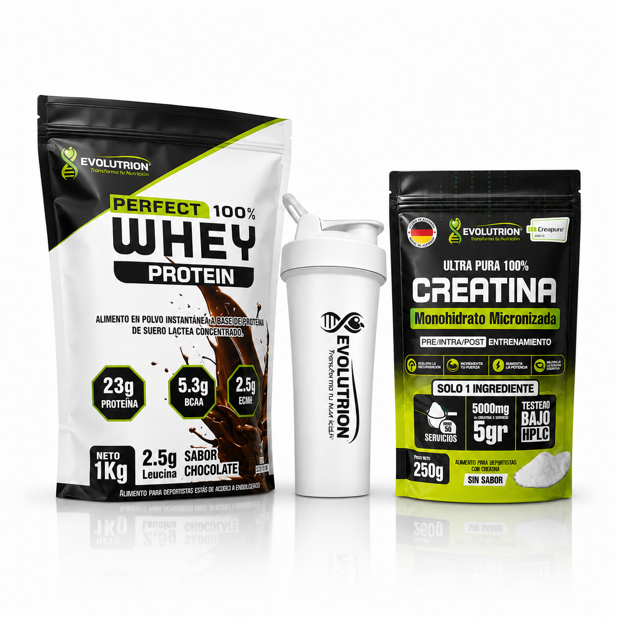 Trio Pack Evolutrion: proteína, creatina Creapure® y shaker 700 ml