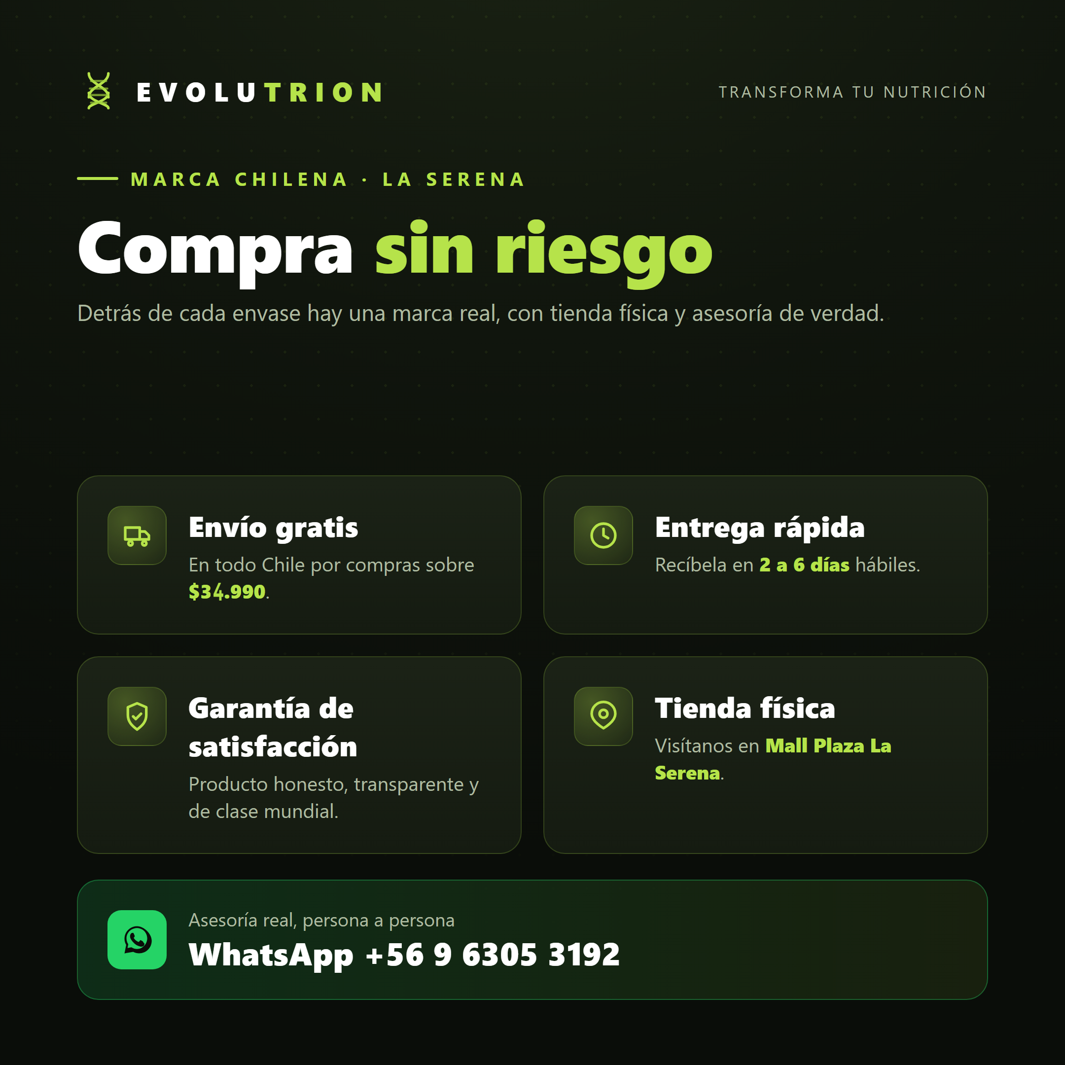 Compra sin riesgo en Evolutrion: envío gratis en compras sobre $34.990, entrega en 2 a 6 días, garantía, tienda física y asesoría por WhatsApp