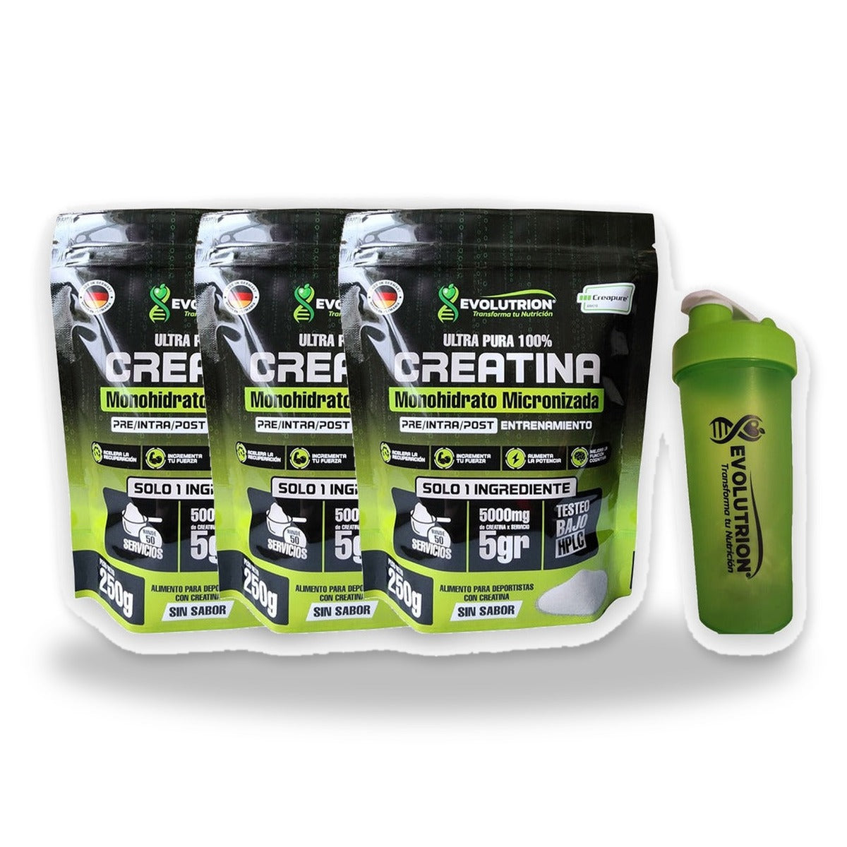 Pack 3 Creatinas Creapure 250g + Shaker 700ml GRATIS Evolutrion